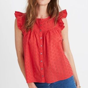 Madewell Red Eyelet Flutter Sleeve Top